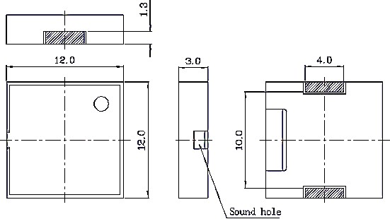 MLT‑1230 piezoelectric buzzer top and side view with dimensional callouts